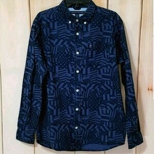 Tommy Hilfiger Patriotic Navy Blue Flag Print Button Down Shirt- Size 16/18